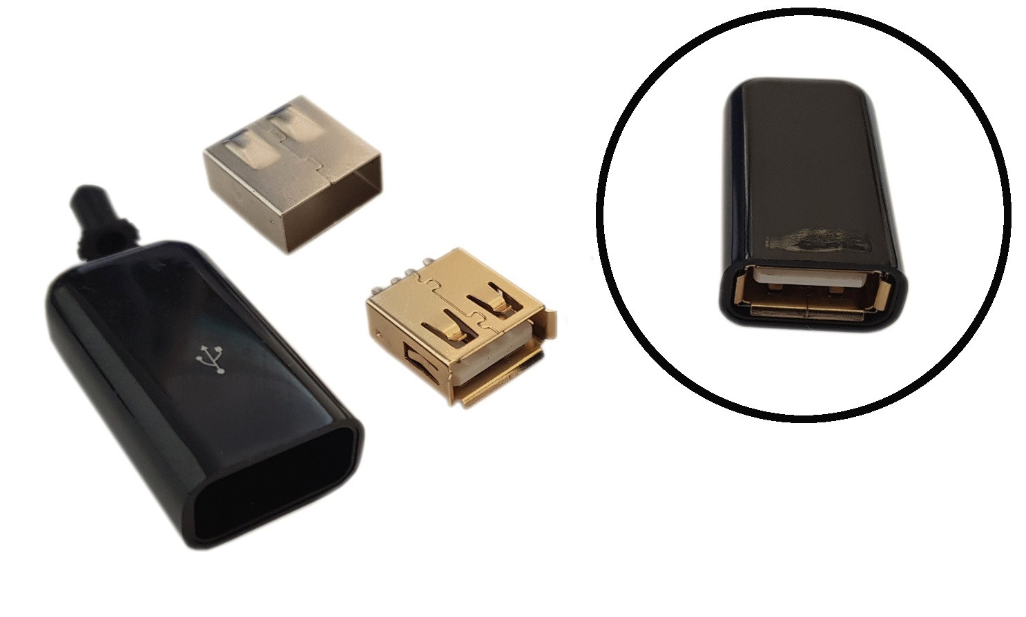 Gniazdo złocone USB typu A montowane na kabel czarne