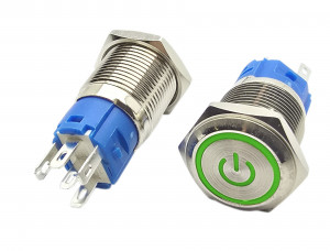 PBW-16BPP-2 Przycisk wandaloodporny POWER, monostabilny 2A 250V klawisz płaski podśw zielone 12V